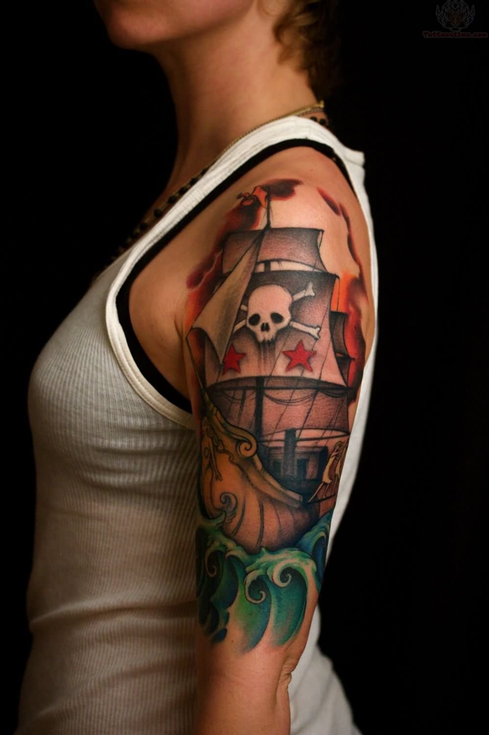 pirate skull tattoo on girl half sleeve