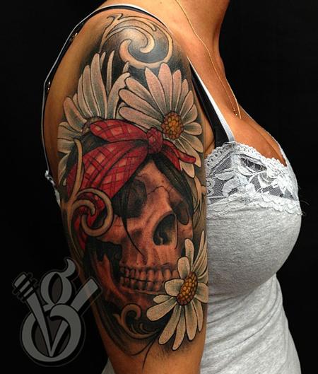 skull flowers daisy girl half sleeve color tattoo