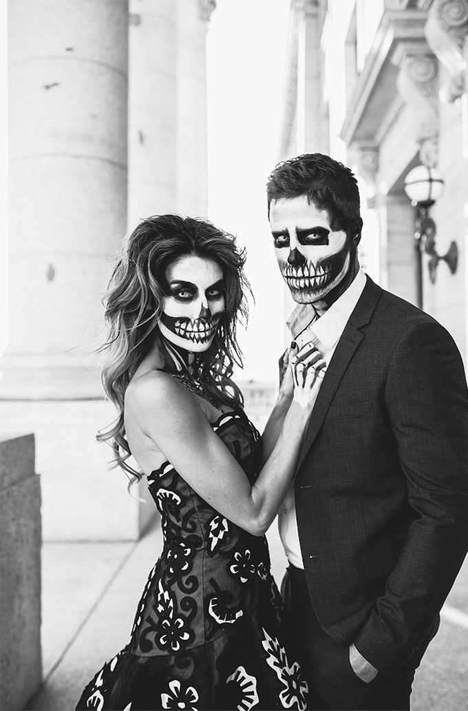 skeleton couple halloween makeup black and white photography