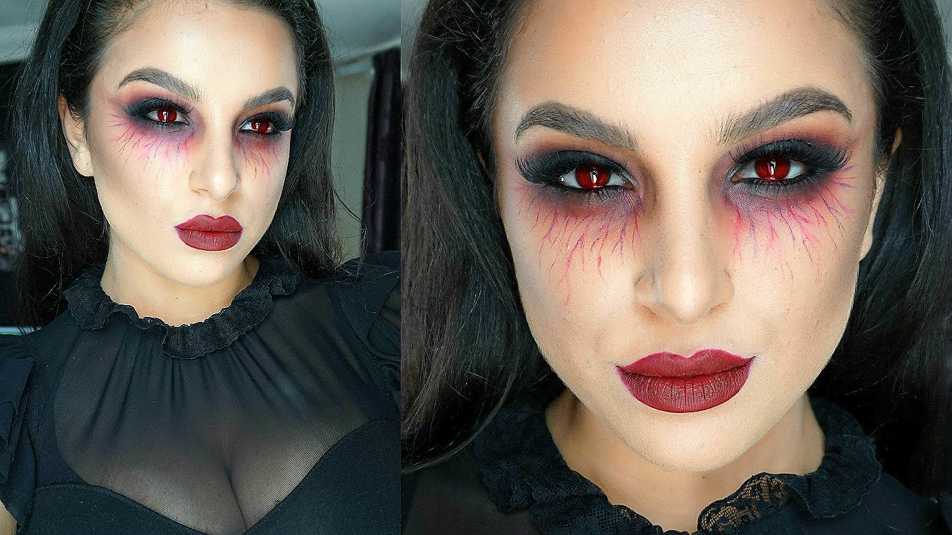 vampire makeup black eyes and red lips step by step